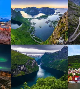 Voyage en Norvège : image, photo représentant Vue aérienne du Geirangerfjord, Îles Lofoten Norvège, Route panoramique Norvège, Bergen Norvège, Aurores boréales Norvège, Paysage de fjord de Norvège