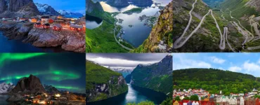 Voyage en Norvège : image, photo représentant Vue aérienne du Geirangerfjord, Îles Lofoten Norvège, Route panoramique Norvège, Bergen Norvège, Aurores boréales Norvège, Paysage de fjord de Norvège