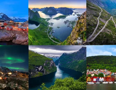 Voyage en Norvège : image, photo représentant Vue aérienne du Geirangerfjord, Îles Lofoten Norvège, Route panoramique Norvège, Bergen Norvège, Aurores boréales Norvège, Paysage de fjord de Norvège