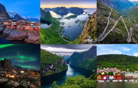 Voyage en Norvège : image, photo représentant Vue aérienne du Geirangerfjord, Îles Lofoten Norvège, Route panoramique Norvège, Bergen Norvège, Aurores boréales Norvège, Paysage de fjord de Norvège