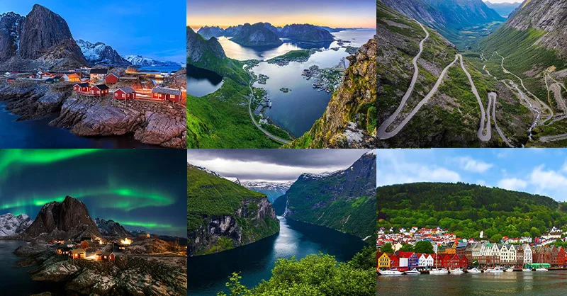 Voyage en Norvège : image, photo représentant Vue aérienne du Geirangerfjord, Îles Lofoten Norvège, Route panoramique Norvège, Bergen Norvège, Aurores boréales Norvège, Paysage de fjord de Norvège