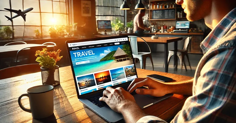 Image, photo d'une personne assise devant un ordinateur portable avec un site de voyage affiché.