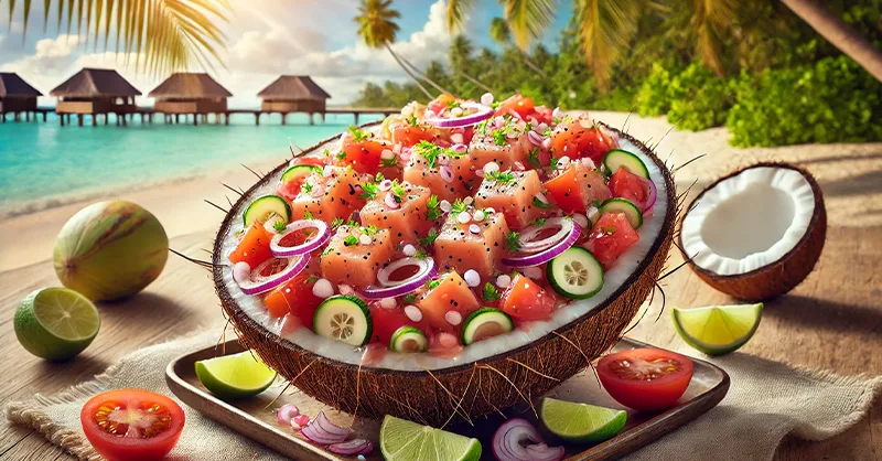 Image montrant la recette de poisson cru à la tahitienne : Des morceaux de poisson frais dans du lait de coco et du citron vert.
