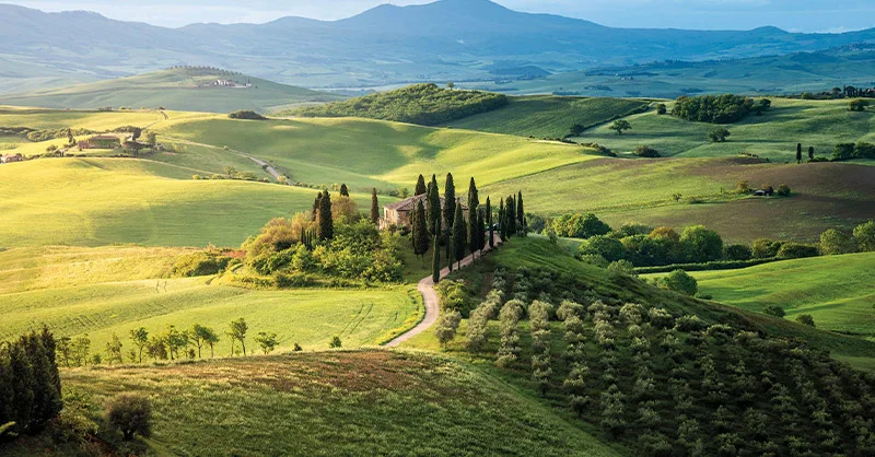 Image, photo représentant Toscane avec ses collines, vignes, villages en pierre.
