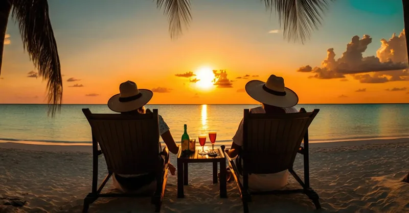 Image, photo d'un couple prenant un moment de détente devant un couché de soleil.